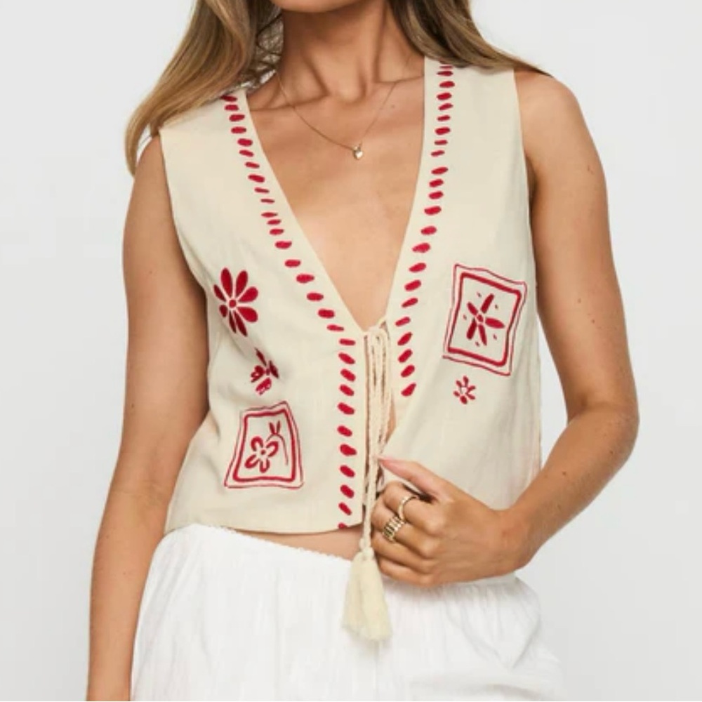 Princess Polly Cream and Red Embroidered Tank Top